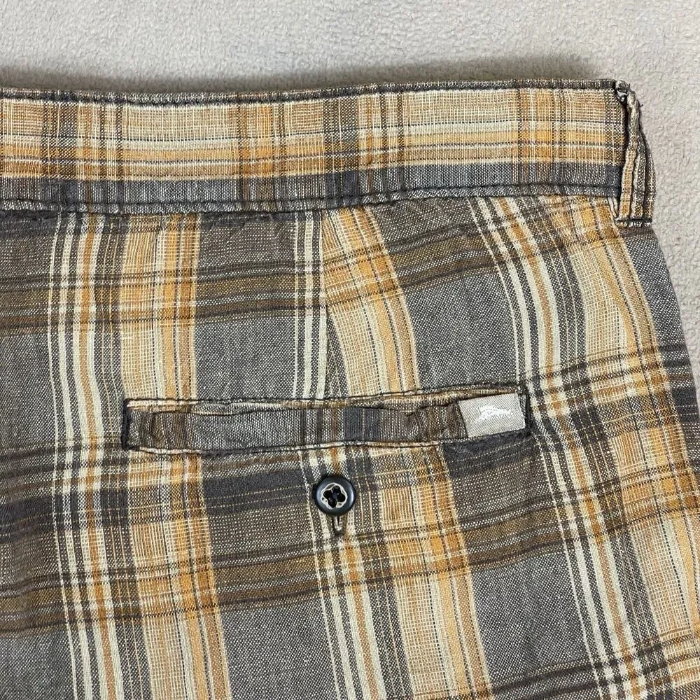 Tommy Bahama Relax Short Mens 35‎ Brown Plaid Linen Chino Preppy Adult